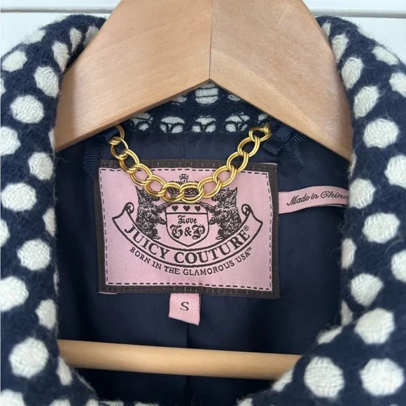 Juicy Couture Y2K Navy Cream Wool Blend Polka Dot Peacoat Cropped Preppy Small - Picture 8 of 10